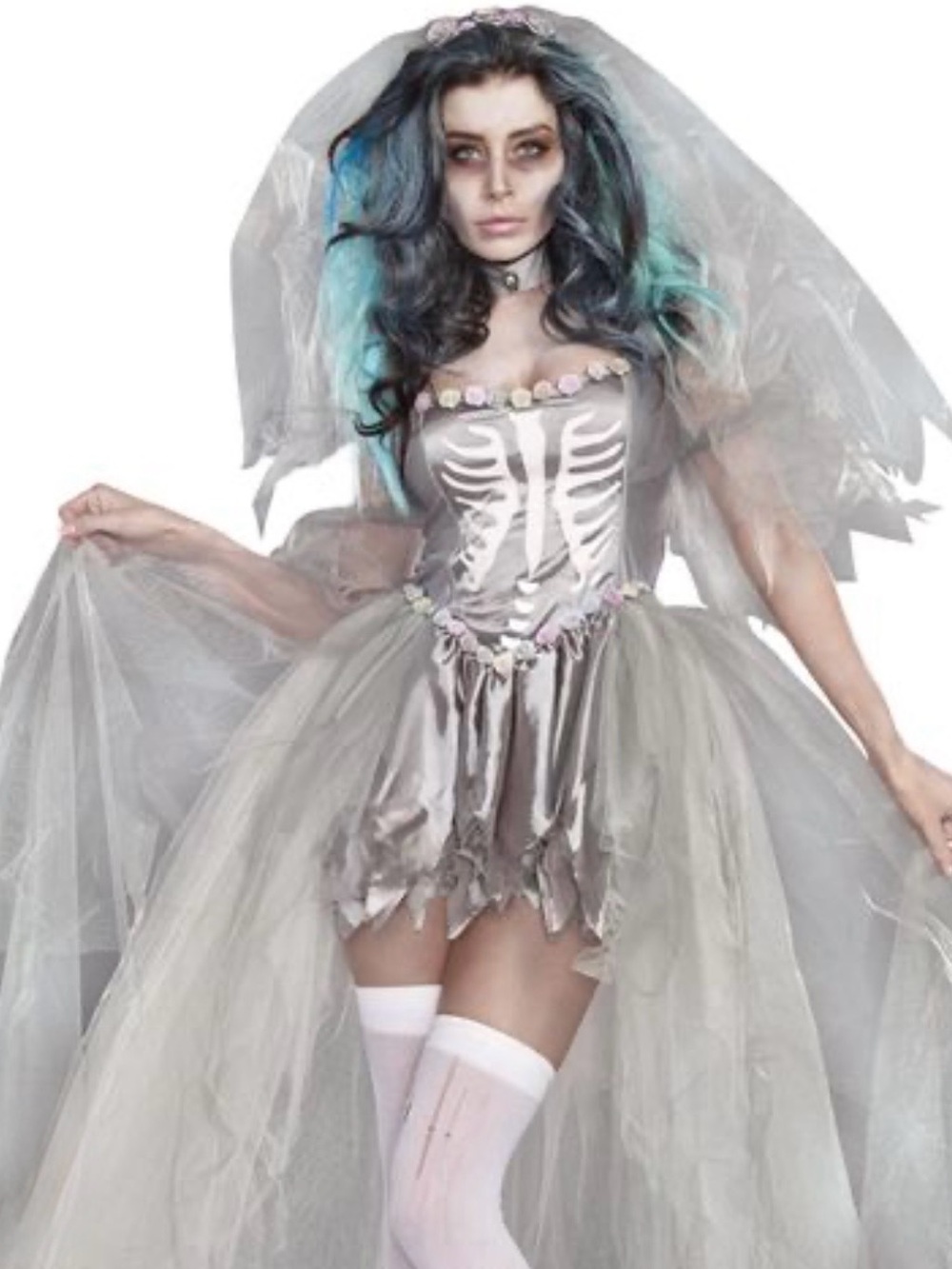 Dreamgirl Gray Skeleton Bride of Doom Tulle Gown with Veil and Choker Costume